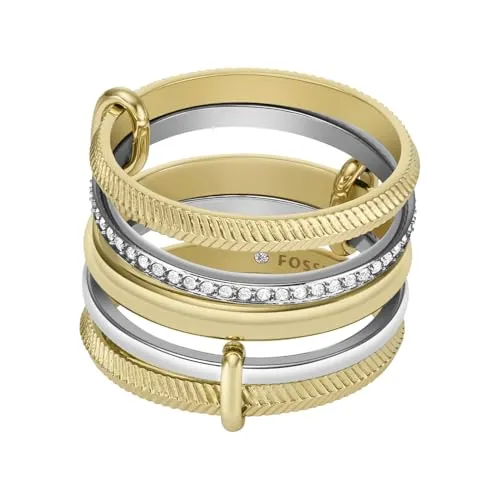 Fossil Prestack-Ring für Damen All Stacked Up - Bicolor Edelstahl - Eleganter Bicolor-Ring aus poliertem Edelstahl, ideal für stilvolle Akzente. Erhältlich in verschiedenen Größen für perfekten Sitz.