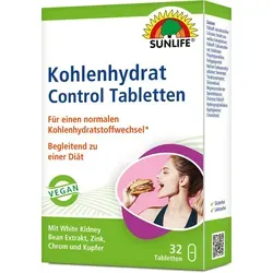 Sunlife Kohlenhydrat Control Tabletten 32 Stück - Nahrungsergänzungsmittel zur bewussten Steuerung der Kohlenhydrataufnahme, unterstützt den Blutzuckerspiegel und enthält wertvolle Mineralstoffe wie Chrom und Zink.