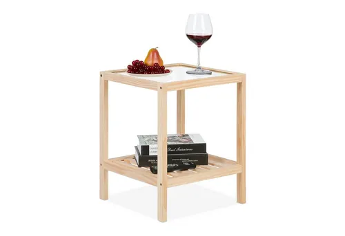Relaxdays Beistelltisch mit Glasplatte, hellbraun und transparent