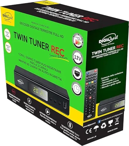 Digiquest Twin Tuner Rec Receiver DVB-T2 HEVC H.265 Chipsatz, Dual Terrestrischer Tuner, Full HD FTA, USB, HDMI, SCART, Ethernet LAN RJ-45, programmierbare Fernbedienung, Schwarz, Metall