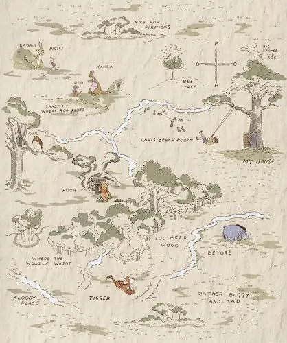 Komar Disney Vlies Fototapete - Winnie Pooh Map - Wand- & Tischbilderrahmen, entdecke den Hundertmorgenwald mit Winnie Pooh und Freunden! Hochwertiges, umweltfreundliches Vlies für ein strahlendes Kinderzimmer.