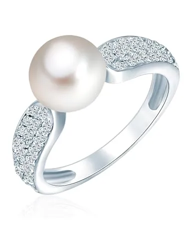 Valero Pearls Damen Perlenring aus 925/- Sterling Silber - Eleganter Damenring aus 925er Sterlingsilber mit luxuriöser Süßwasser-Zuchtperle und funkelnden Zirkonia-Steinen. Ein ideales Geschenk für Perlenschmuck-Liebhaberinnen.
