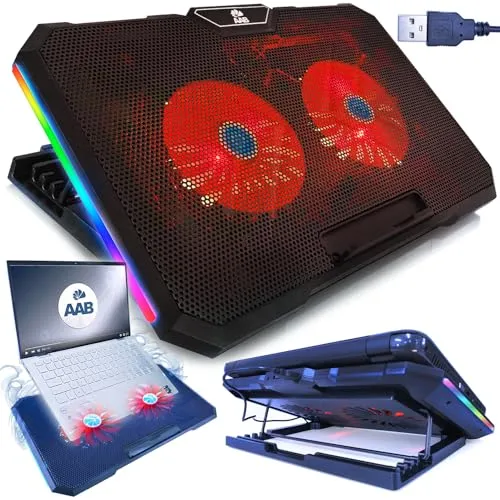 AABCOOLING Gemini - Schneller Kühlvorgang, Laptop Ständer mit 2 Lüftern PC Notebook PS4, RGB LED, Stand, Lüfter, Cooling für Notebooks und Consolen, Unterlage mit Kühler, 4-stufige Winkel