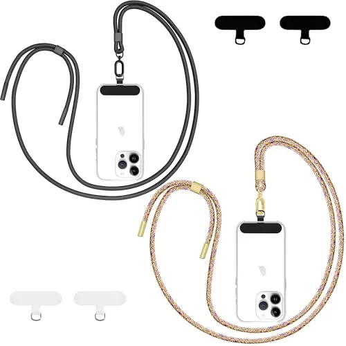 Qyoocom Handyband Universal für alle Smartphones,2 Stück Schlüsselband Kette zum Umhängen mit 4 Universelles Pad,Einstellbar und Abnehmbar. (Schwarz+Camouflage)