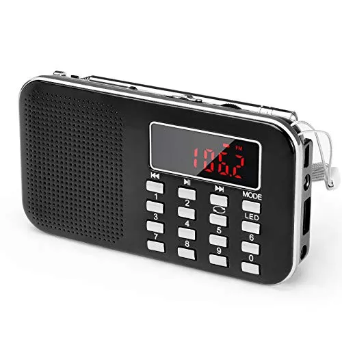 PRUNUS L-218AM Portables Mini Radio AM(MW)/UKW FM/Micro TF Card/USB/MP3, 1200mAh Akku. Geschäfte und Sendestationen [NUR automatisch].
