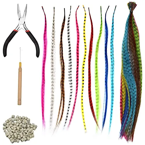 Stück Federhaarverlängerungs-Set, Synthetisch Haarsträhnen Farbiger Haarverlängerungs Clip Feder Extensions Strähnchen Bunt Gerade Haarteil mit 100 Silikonring, Zange und Häkchen 50