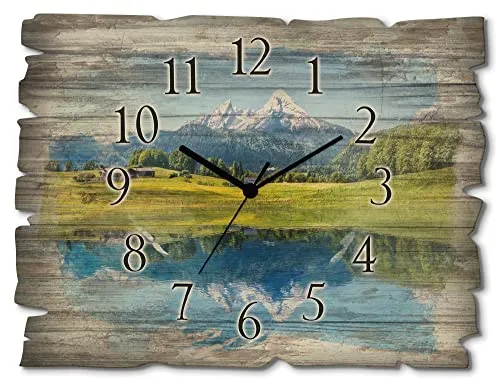 ARTLAND Wanddeko Wanduhr ohne Tickgeräusche aus Holz Funk Uhr lautlos Rechteckig 40x30 cm Landschaften Natur See Berge Watzmann Alpen Rustikal Vintage T9QB