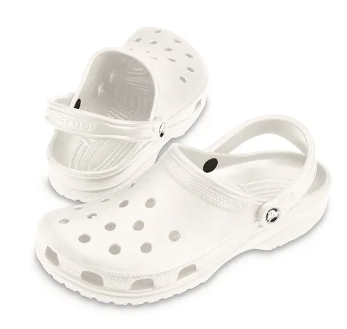 Crocs Classic Clog Sandale in Weiß, Größe 46-47 - Badeschuhe mit ergonomischem Croslite-Material für optimale Passform und Fußgewölbe-Unterstützung. Ideal für Strand und Boot, mit Lüftungslöchern für Atmungsaktivität und Wasserabfluss.