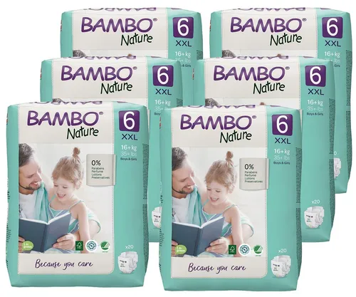 Bambo NATURE Kinderwindeln Gr. 6 XXL 16+ Kg - 120 Stück - Einwegwindeln für Kinder von 16+ kg, besonders hautfreundlich und umweltbewusst hergestellt in Dänemark.