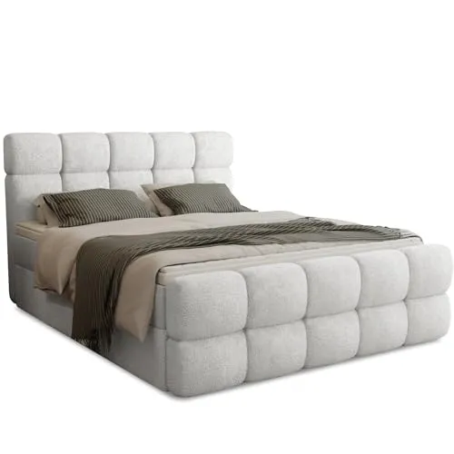FurniDe24 Boxspringbett mit 2 Bettkästen, Taschenfederkernmatratze und Topper, Gepolstertes Doppelbett mit Kopfteil und Fußteil, Bouclé-Stoff, Polsterbett Leo (Anthology 15, 180 x 200 cm)