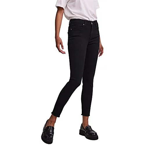 PIECES Damen Pcdelly Skn Mw BLC Noos Jeanshose - Schwarze Denim-Jeans mit normaler Bundhöhe und praktischem Reiß- sowie Knopfverschluss, ideal für jeden Anlass.