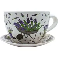 Dekohelden24 XXL Blumentopf - Tasse mit Lavendelmotiv - Garten-Zubehör: Origineller Blumentopf in Tassenform aus Keramik mit handbemaltem Lavendelmotiv, ideal für Sukkulenten und Kräuter. Perfekt für Fensterbänke und Balkone!
