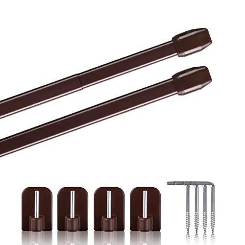 Vitragestangen 2er Pack ausziehbar, 2 Gardinenstangen mit Selbstklebehaken - Befestigung ohne Bohren (Farbe: braun, Größe: 110-150cm)