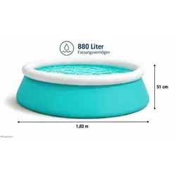 steinwohn Quick-Up Pool Ø 183 cm – Familienpool mit Wasserablassventil - Praktischer Quick-Up Pool mit 880 L Fassungsvermögen. Ideal für die ganze Familie. Schneller Aufbau und inklusive Reparaturset für kleine Notfälle.