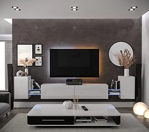 Furnitech Wohnwand Wohnzimmer | Wohnzimmer Möbel mit LED Weiß | Hängend Wohnwand Modern | Wohnzimmer Schrankwand mit Regale und TV Schrank (AN103-21W-HG2-1A)