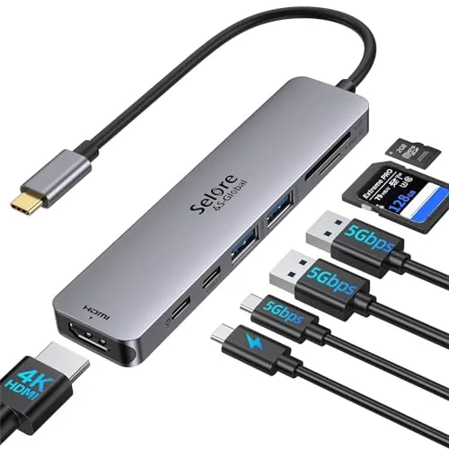 Selore&S-Global USB C Hub HDMI Adapter 7 in 1 für MacBook Pro/Air - Vielseitiger 7-in-1 USB C Hub mit 4K@60Hz HDMI, 100W PD und superschnellen USB 3.0 Anschlüssen, ideal für kreative Profis und schnelle Datenübertragung.