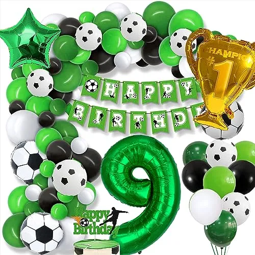Fußball 9 Geburtstag Deko Junge, 9. Football Geburtstagsdeko, 9 Jahre Ballon Grün Luftballon Girlande, mit Happy Birthday Girlande, für Kinder Junge Geburtstag Party Fußball Deko 9.Geburtstagsdeko