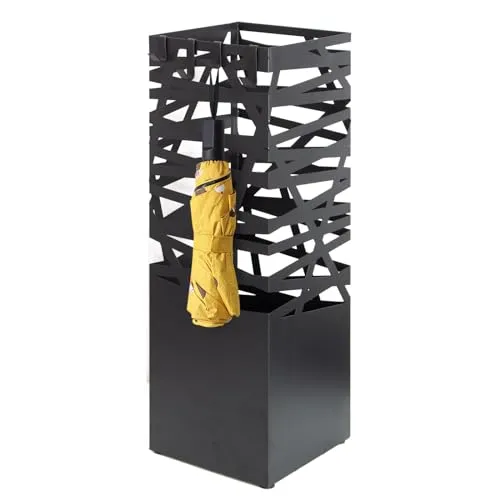 Todeco Regenschirmständer aus Metall mit Ausschnittmuster, quadratischer Schirmständer mit 4 Haken und Wasserauffangschale herausnehmbar, für Eingang, Haus, Büro, Schwarz, 15,5x15,5x49 cm