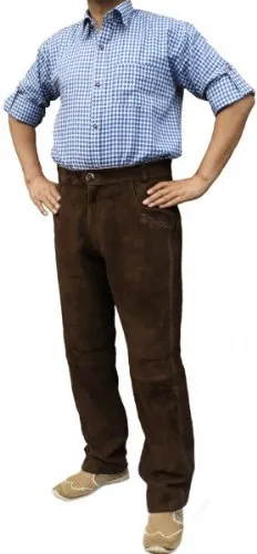 German Wear Trachten Lederhosen lang Herren aus echtem Ziegenleder – Braun mit Zopfstickerei - Trachtenlederhosen aus hochwertigem Ziegenveloursleder, weich und angenehm, mit traditioneller Zopfstickerei – ideal für Volksfeste und den Alltag.