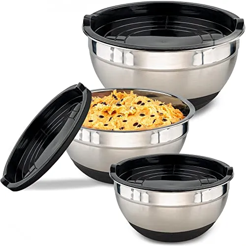 3tlg Silikon Edelstahl Schüssel Set mit Deckel - Praktisches 3er Set Rühr- und Servierschüsseln, luftdicht und spülmaschinenfest für lange Frische der Lebensmittel, ideal für Küche und Picknick.