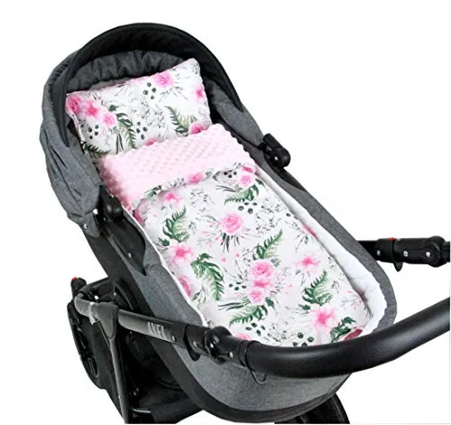 BABYLUX Babydecke MINKY PLÜSCH Kuscheldecke Decke 75 x 60 cm + KISSEN 2 Tlg Set (MP110 - Rosa + Blumen)