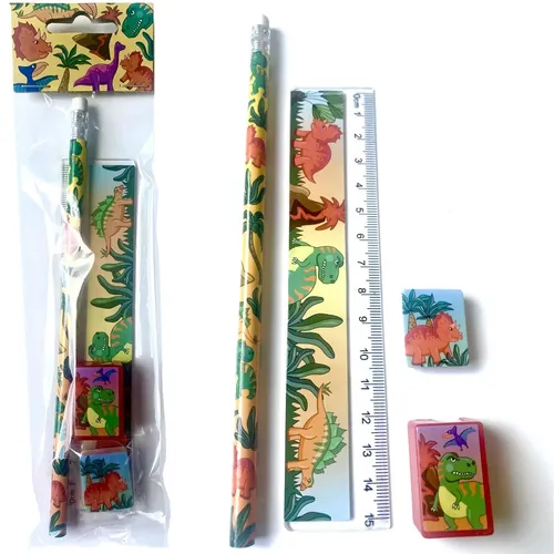 Schreibset DINOSAURIER mit Bleistift + Radierer + Anspitzer + Lineal - 24-tlg