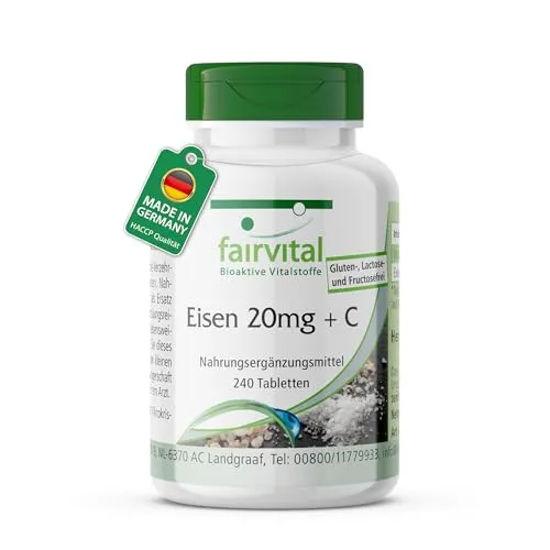 fairvital Eisen 20mg + Vitamin C, 240 Tabletten, schluckfreundlich, qualitätsgeprüft und hochdosiert, 100% vegan, Made in Germany