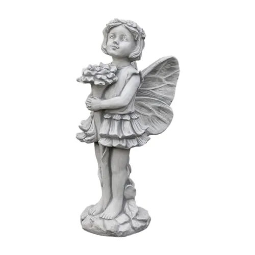 Gartenfigur Bezaubernde Elfe mit Blume – 50 cm Steinfigur in grau von gartendekoparadies