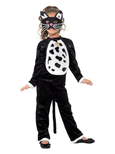 Smiffys Kostüm Katze - Bodysuit mit Glöckchen und Maske, ideal für Karneval und Halloween, Größe M für Mädchen 7-9 Jahre