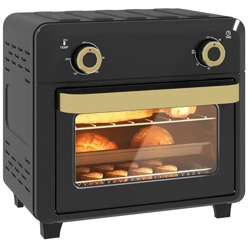 HOMCOM Minibackofen mit Umluft, 10L Heißluftfritteuse, Backofen Klein mit 60-Min-Timer und Innenbeleuchtung, 80-230℃, 3 Einschubebenen, Zubehör Spülmaschinenfest, 1000W, Schwarz