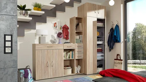 Garderobe MRK Set Dielenschränke in Eiche Sägerau - Moderne Garderobe für Flur und Diele, bietet viel Stauraum mit 5 Regalfächern und 5 Schubladen. Ideal für ein aufgeräumtes Zuhause.