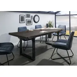 Baumtisch Mango 240x100x77 - Grau lackiert mit U-Beinen in anthrazit glänzend - Eleganter Esstisch aus massivem Mango-Holz mit einzigartiger Baumkante. Die graue Lackierung hebt die natürliche Maserung hervor. Stabilität durch hochwertiges Eisengestell. Ideal für stilvolle Essbereiche.