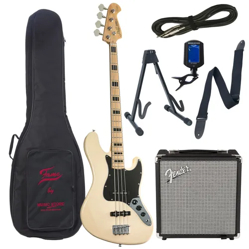 E-Bass Anfänger Set J & D JB Vintage 1975 White + Rumble 15 - Komplettes E-Bass Set für Einsteiger: J & D JB Vintage 1975 in Weiß mit hochwertigem Erlekorpus und Fender Rumble 15 Verstärker. Ideal zum Üben und für den ersten Auftritt!