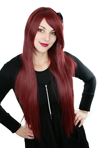 Prettyland Damen 80cm Langhaar Glatt Anime Cosplay Perücke Dunkelrot Weinrot/Burgundy Rot C918