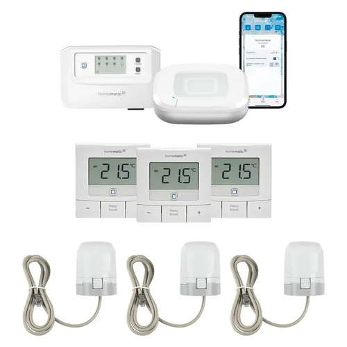 HOMEMATIC IP Starter Bundle Fußbodenheizung für 3 Räume, weiß - Innovatives Smart-Home-Zubehör zur einfachen Steuerung Ihrer Fußbodenheizung in 3 Räumen. Inklusive Wandthermostaten und Access Point für nahtlose Integration.
