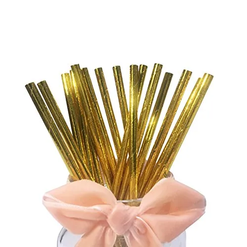 Gold Metallic Papier Strohhalme, 100 Stück Biologisch Abbaubar Volltonfarbe Golden Party Cocktail Trinkhalme Einweg für Party Dekoration Geburtstag Hochzeit