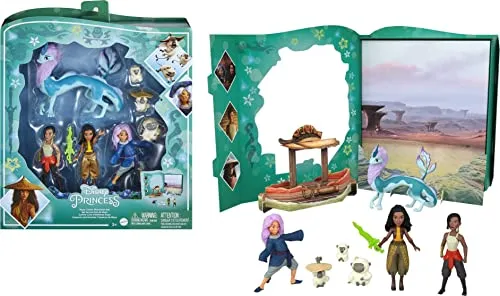 DISNEY Prinzessin Raya Geschichtenset - 7 Figuren, Raya, Sisu, Namaari, Ongi, doppelseitiger Hintergrund, ausziehbare Hose, Schwert, für Kinder ab 3 Jahren, HLX24