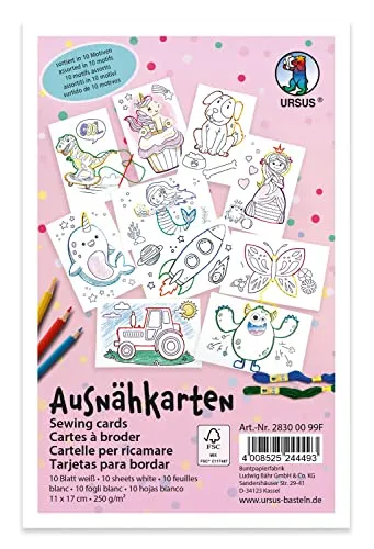 Ursus 28300099F - Ausnähkarten für Kinder, 10 weiße Stickkarten mit vorgedruckten Motiven zum Aussticken und Ausmalen, ca. 11 x 17 cm groß