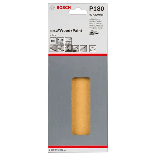 Bosch Schleifblatt C470, 93 x 230 mm, 180 Körnung, ungelocht, gespannt, 10er-Pac