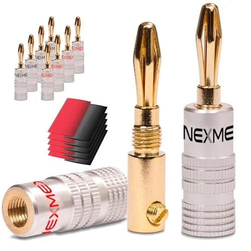 NEXMEX Bananenstecker mit Schrumpfschlauch - 10 Stück Stecker als Set - Steckverbinder 24K vergoldet für Lautsprecherkabel - für HiFi Receiver Verstärker