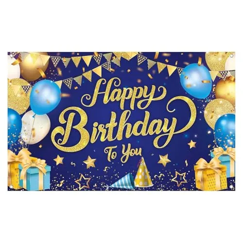 Geburtstagsbanner Dekoration, Blau und Gold Alles Gute zum Geburtstag Hintergrund Poster, Geburtstag Banner Deko Geburtstagsdeko Foto Hintergrund Poster, Geburtstags Party Dekoration, 110 * 185cm