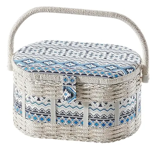 Kobolo Nähkästchen Nähkorb Nähkörbchen Nähkasten - blau natur aus Textil - 28x19x16 cm