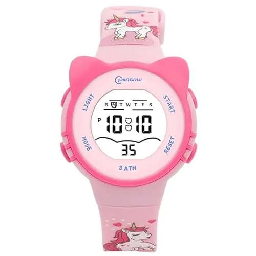 K&L Wall Art Digitale Kinder Armbanduhr für Mädchen Kinderuhr rosa Einhorn Armbanduhren mit Wecker (220 x 17mm Silikonarmband Pink Unicorn)