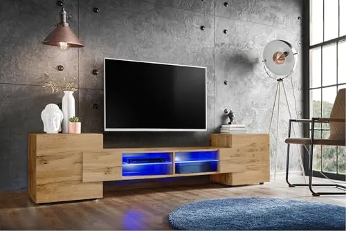 Komodee, Merano Bank TV Schrank, Wotan, LED Blau, Breite 230 cm x Höhe 52,5 cm x Tiefe 35 cm, für Wohnzimmer, Schlafzimmer