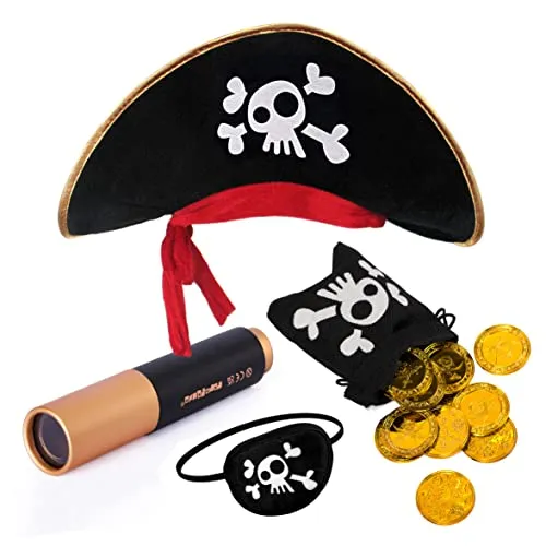 Piratenhut Augenklappe Karibik Fernrohr Gold Münzen Schatzbeutel für Kinder