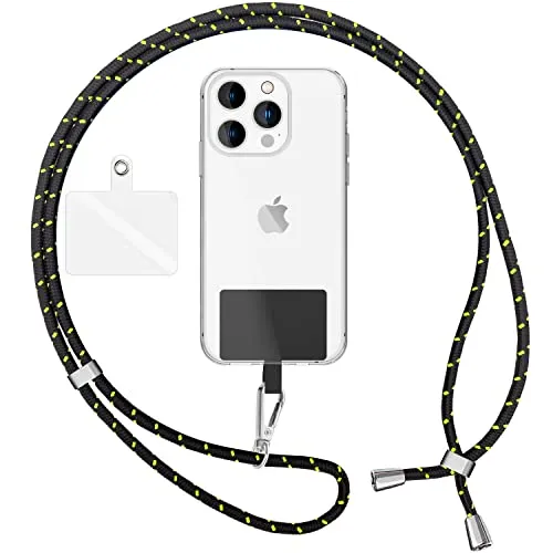 NALIA Bunte Universal-Kette mit Pad, Band für Handy-Hülle zum Umhängen, Karabinerhaken Anhänger Metall, Schlüsselband Umhängeband 160 cm, Crossbody Lanyard mit Schlaufe, Farbe:Schwarz Grün