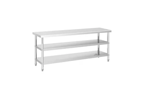 Royal Catering Edelstahltisch 120 x 70 cm mit 2 Ablagen - Robuster Edelstahltisch für die professionelle Gastronomie, 120 x 70 x 85 cm, bis 200 kg belastbar, mit 2 verstellbaren Ablagen für optimale Lagerung und hygienische Arbeitsbedingungen.
