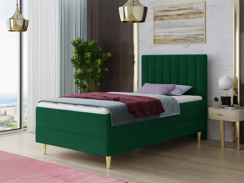 Boxspringbett Gold Mini mit Bettkasten – Einzelbett in Grün - Komfortables Boxspringbett Gold Mini mit praktischen Bettkasten und Bonell-Matratze für erholsamen Schlaf. Ideal für Schlafzimmer und Jugendzimmer.