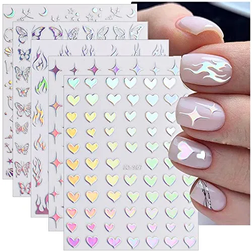 Dornail 8 Blatt Laser Silber Nagelsticker 3D Holografische Schmetterling Herz Sterne Mond Flamme Blumen Nagelaufkleber Selbstklebend Nagel Aufkleber Nail Art Stickers Nagelkunst Nägel DIY Dekoration