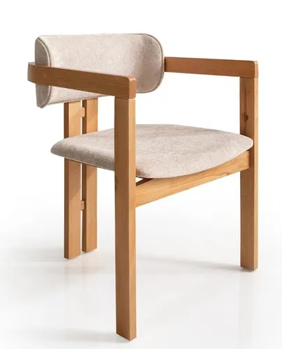 Designer Esszimmerstuhl Beige - Gepolstert und Modern - Küchen- und Esszimmerstuhl mit gepolstertem Sitz und Armlehnen. Ideal für stilvolle Akzente in Ihrem Essbereich. Maße: 55 x 58 x 78 cm, mit stabiler Holz- und Stahlkonstruktion.